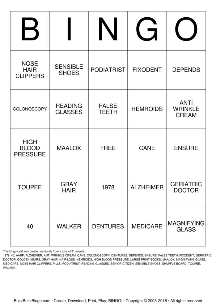 Download Free OVER THE HILL Bingo Cards