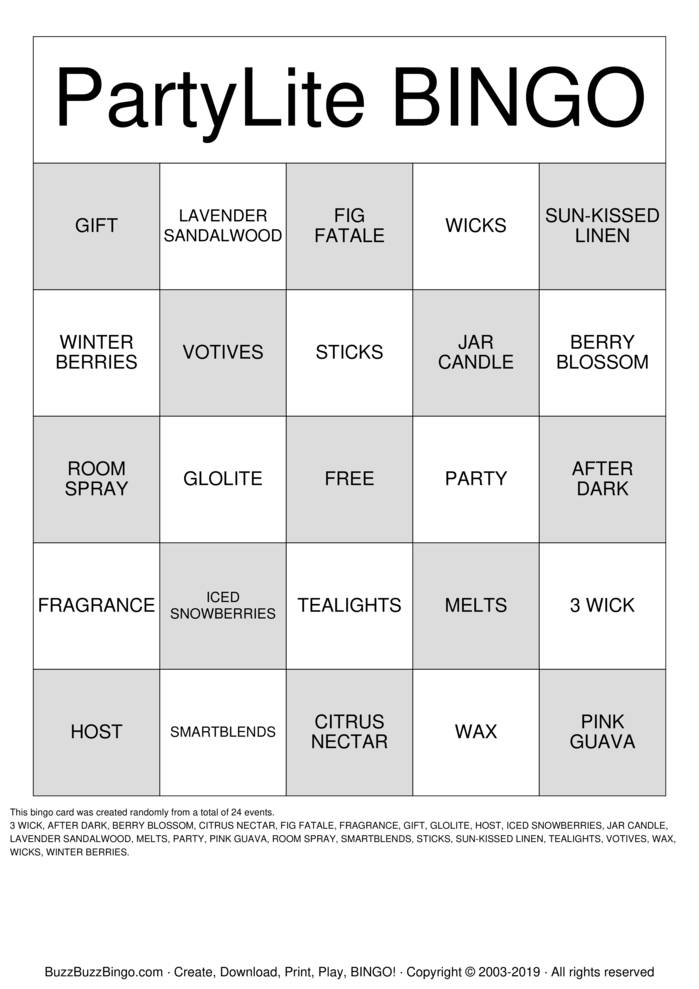 Download Free PartyLite Bingo Cards Download Free PartyLite Bingo Cards