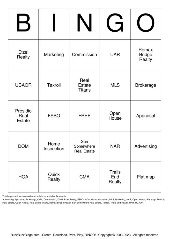 Download Free Real Estate Bingo Bingo Cards