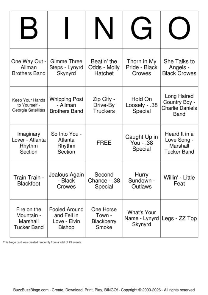 Download Free Southern Rock Bingo Cards