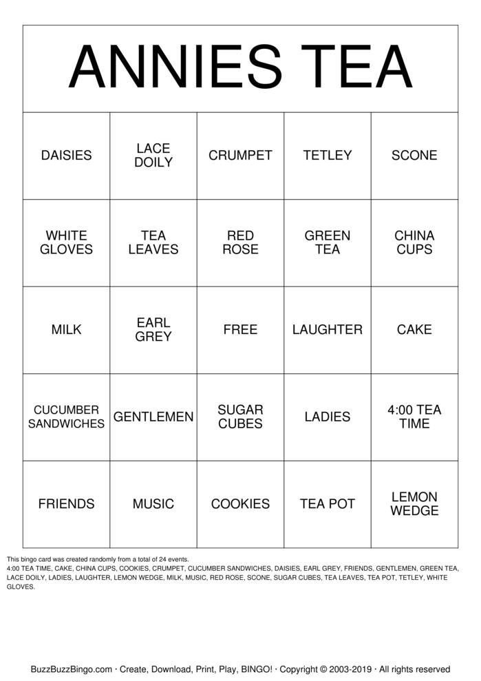 TEA PARTY Bingo Cards to Download, Print and Customize!