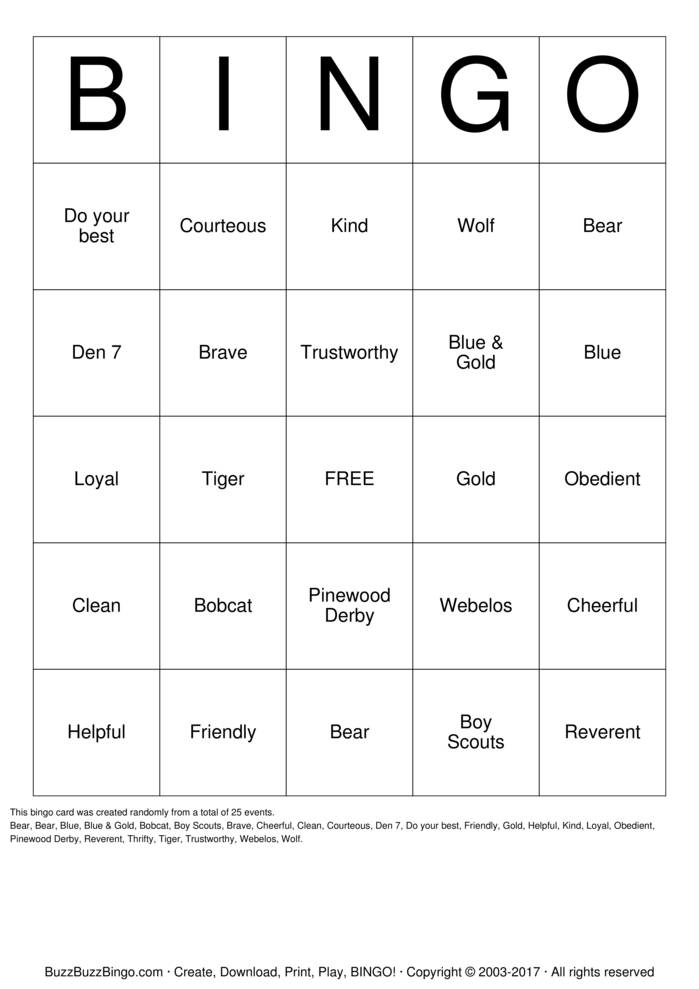 Download Free Webelos Bingo Cards Download Free Webelos Bingo Cards