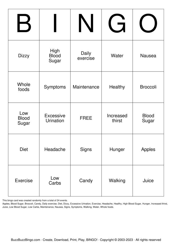 Download Free diabetes Bingo Cards