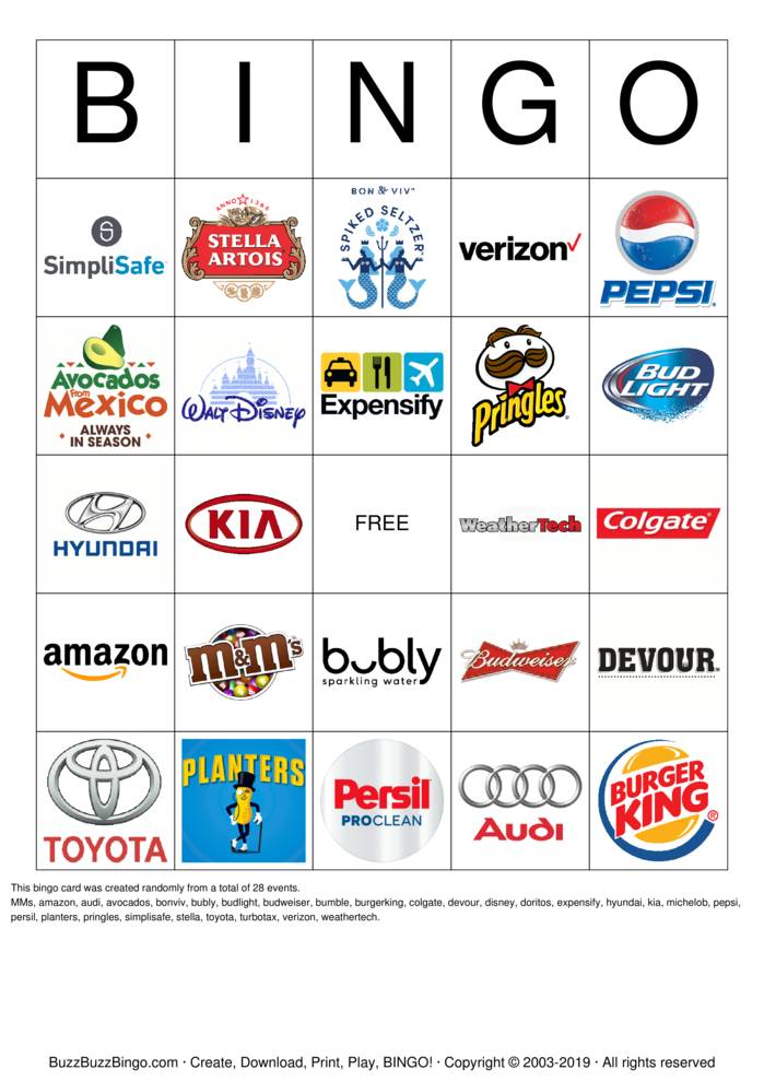 2019 Superbowl Commercial Logos Bingo Cards to Download, Print and ...