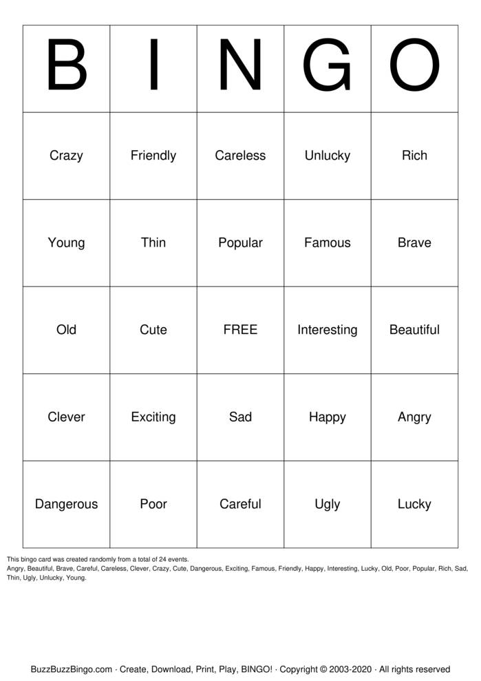 Download Free Adjectives Bingo Cards