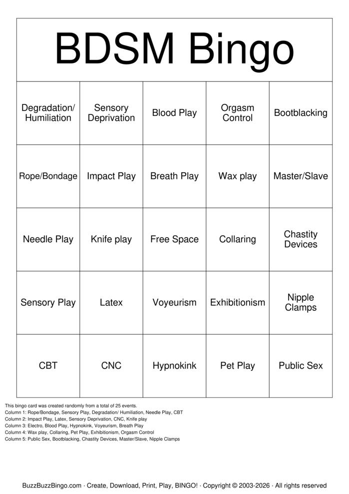 Download Free BDSM Bingo Bingo Cards