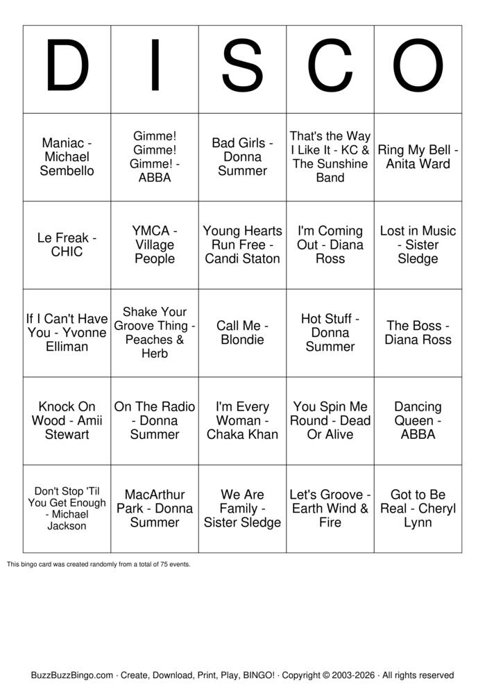 Download Free Disco Dance Music Bingo Cards Download Free Disco Dance Music Bingo Cards