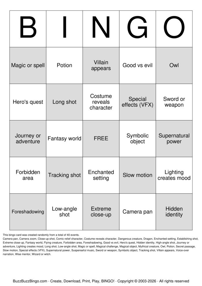 Download Free Fantasy Movies Bingo Cards