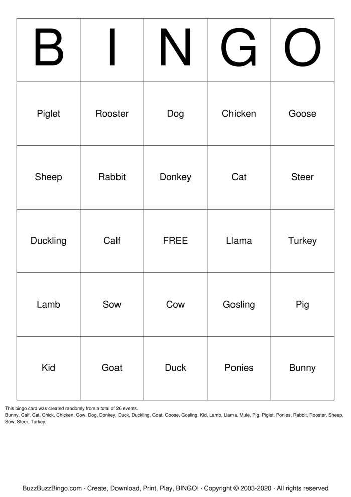 Download Free Farm Animals Bingo Cards