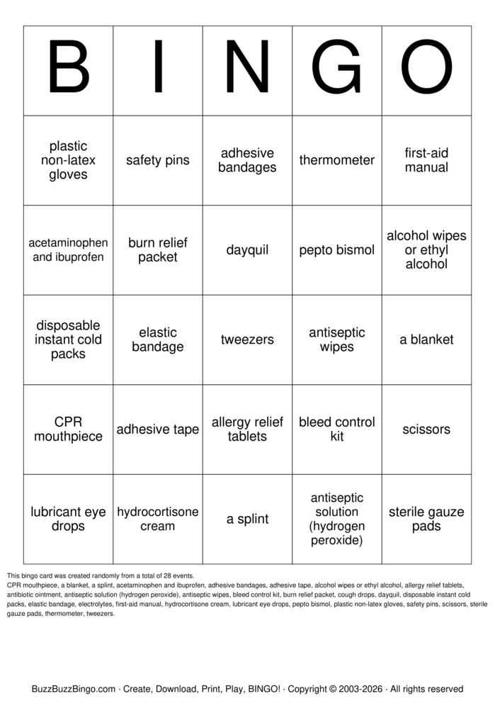 Download Free First Aid Kit Bingo Cards Download Free First Aid Kit Bingo Cards