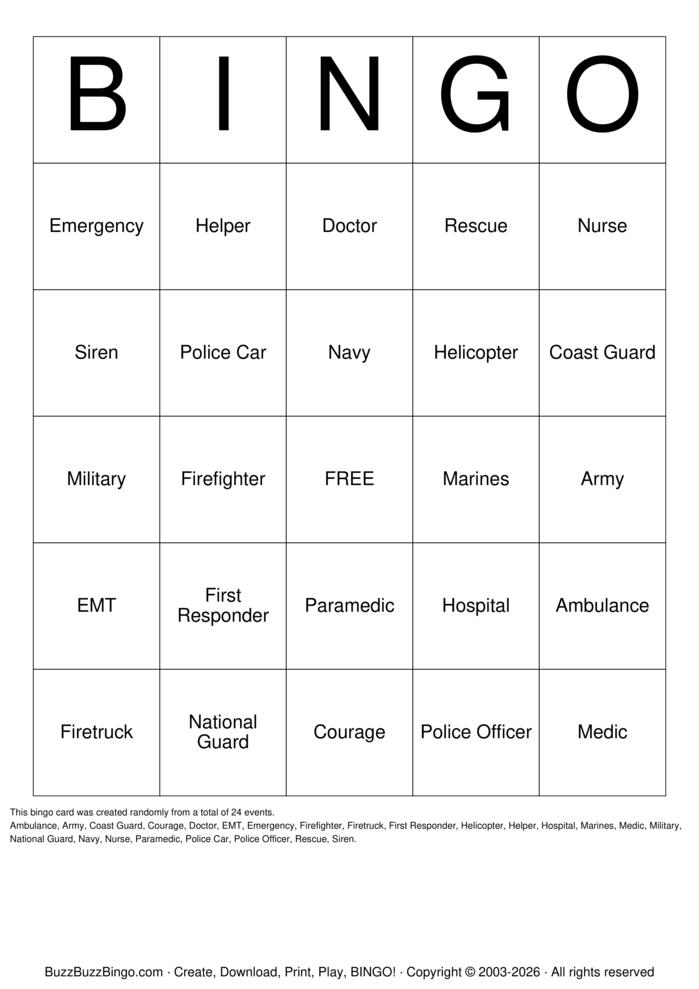 Download Free First Responders Bingo Cards