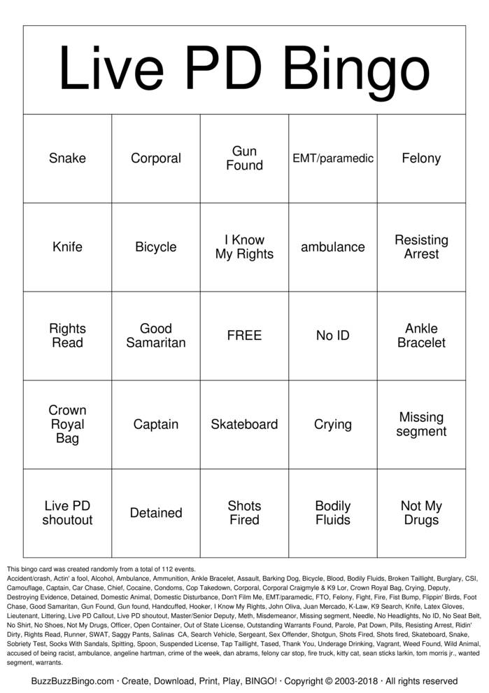 Download Free LIVE PD Bingo Cards