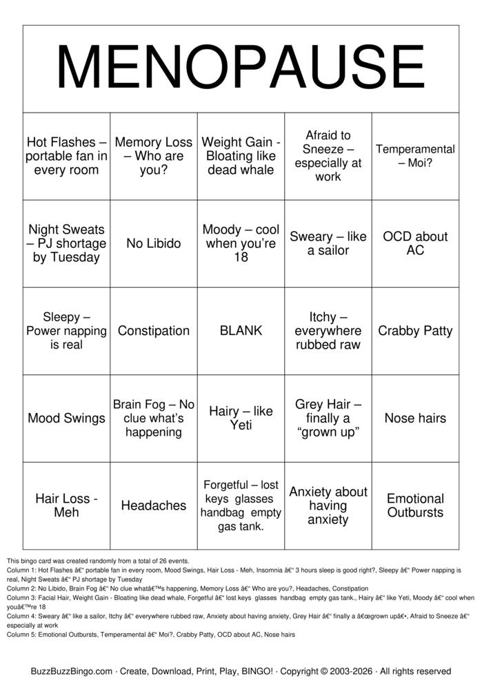 Download Free Menopause Bingo Cards