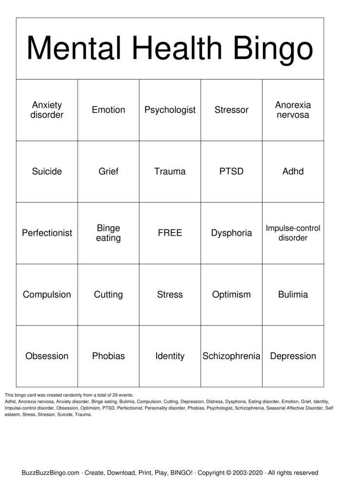 Mental Health Bingo Cards to Download, Print and Customize!