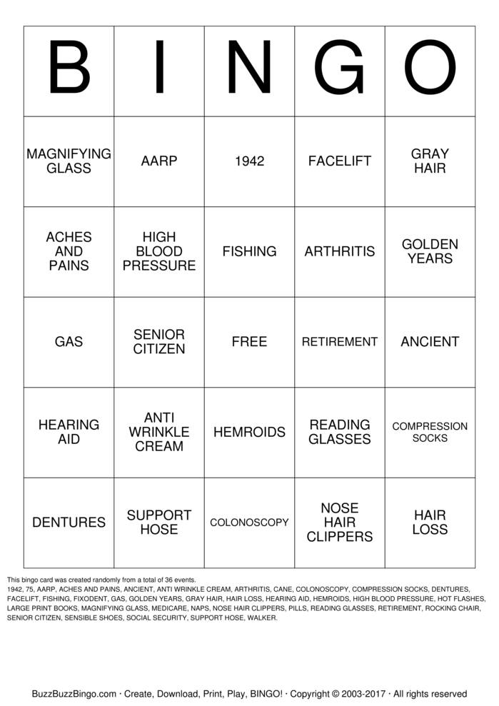 OVER THE HILL Bingo Cards to Download, Print and Customize!