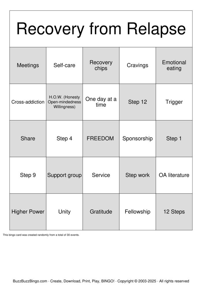 Overeaters Anonymous Bingo Cards to Download, Print and Customize!