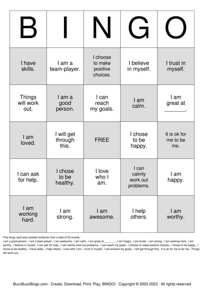Download Free Positive Affirmations Bingo Cards