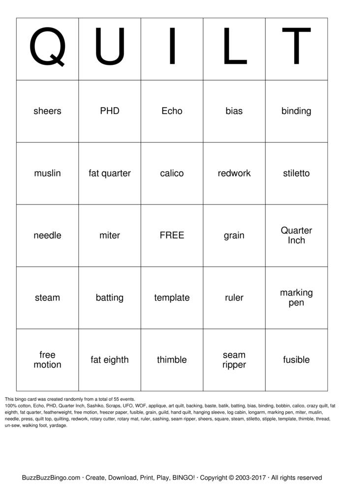 QUILT Bingo Cards to Download, Print and Customize!