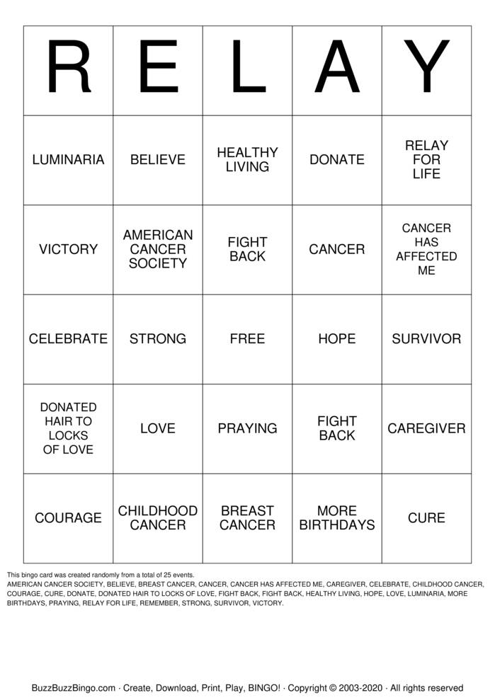 RELAY FOR LIFE Bingo Cards to Download, Print and Customize!