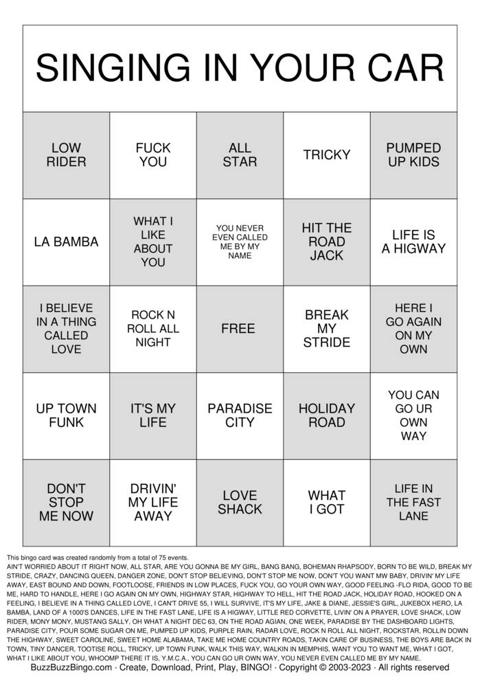 Download Free ROAD TRIP SONGS Bingo Cards