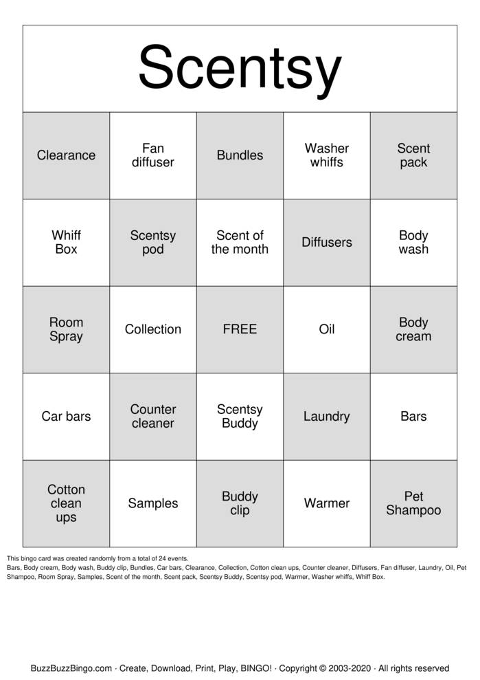 Download Free Scentsy BINGO Bingo Cards Download Free Scentsy BINGO Bingo Cards