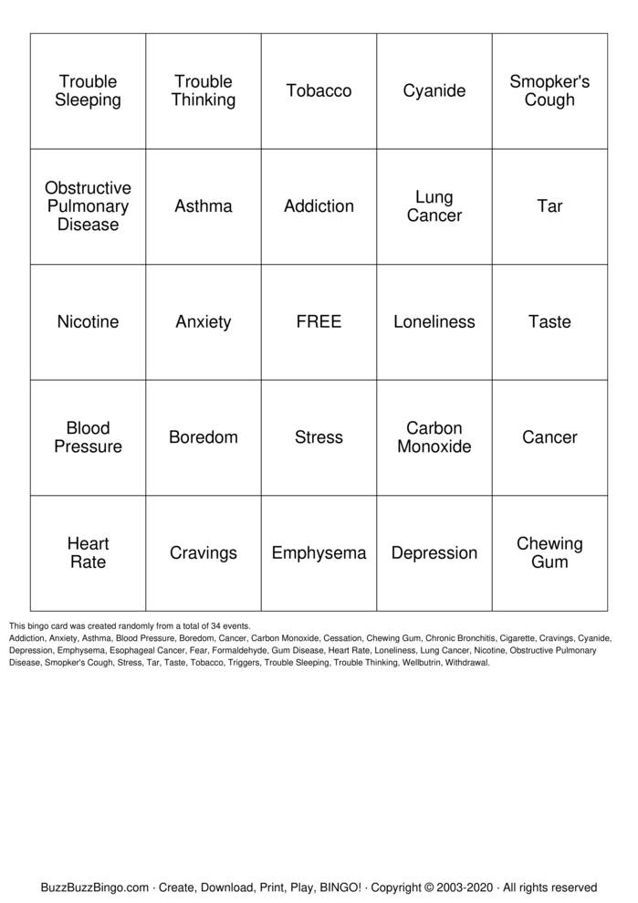 Smoking Cessation BINGO Bingo Cards to Download, Print and Customize!