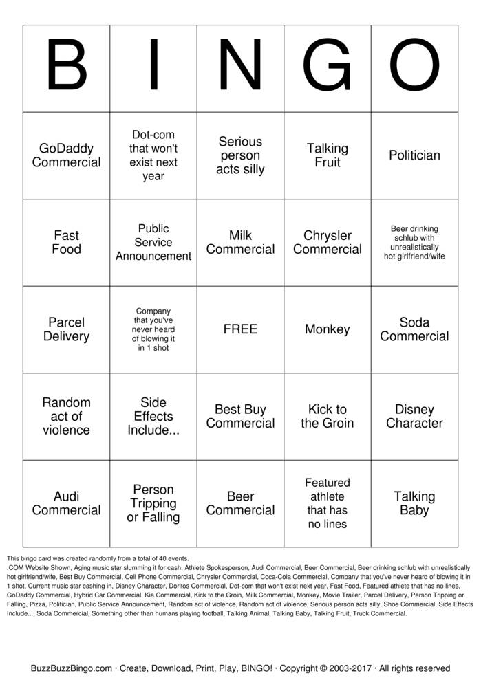 Superbowl Commercials Bingo Cards to Download, Print and Customize!