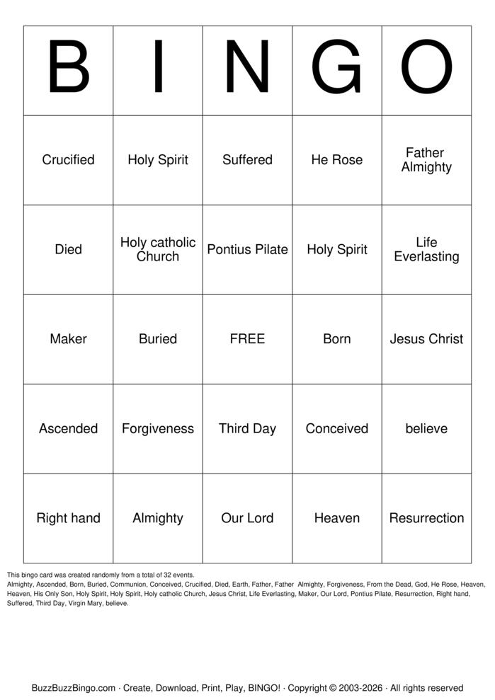 Download Free THE APOSTLES' CREED Bingo Cards