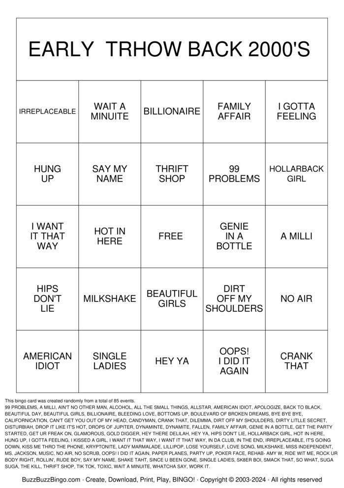 Download Free THROW BACK  EARLY 2000 Bingo Cards
