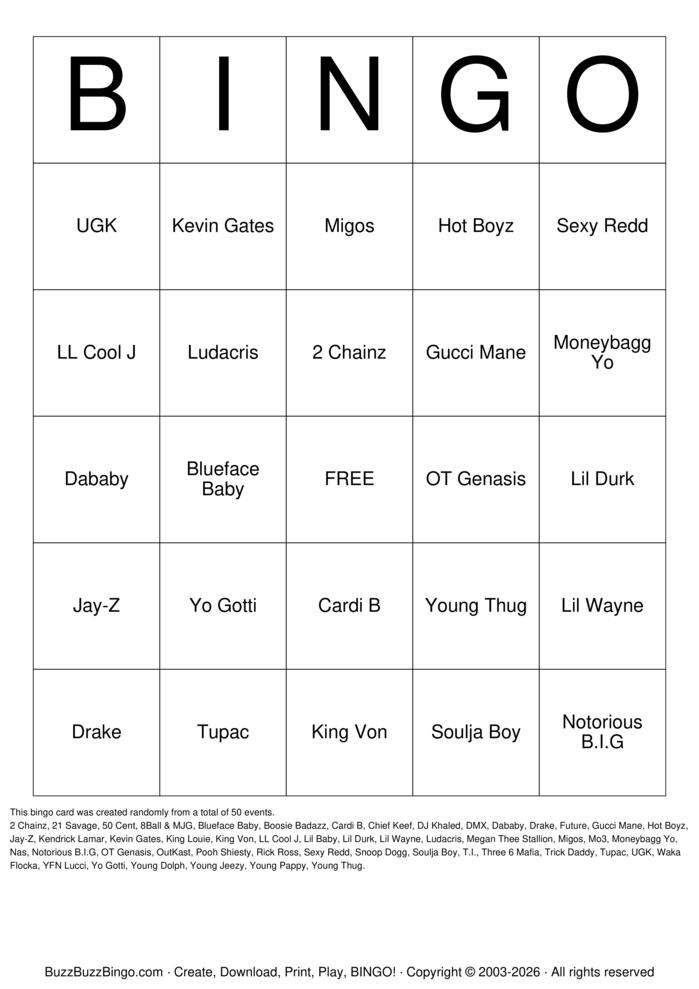 Download Free Trap Bingo Cards