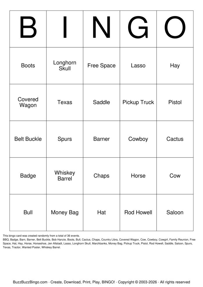 Download Free WESTERN Bingo Cards