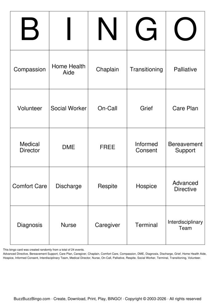 Download Free hospice care Bingo Cards Download Free hospice care Bingo Cards