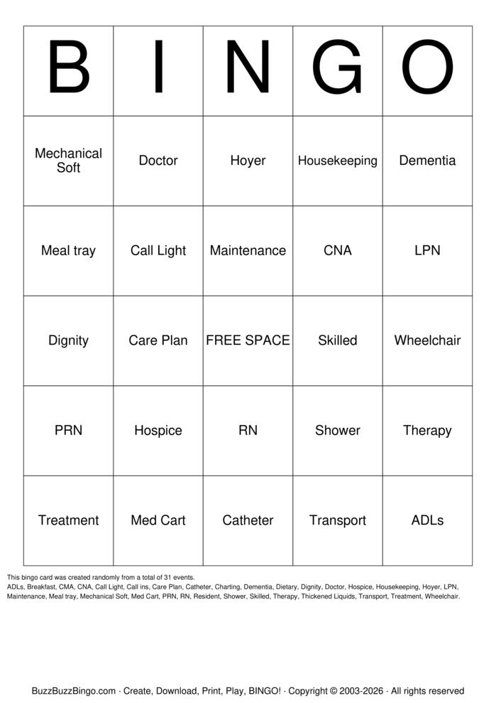 Download Free long term care Bingo Cards Download Free long term care Bingo Cards