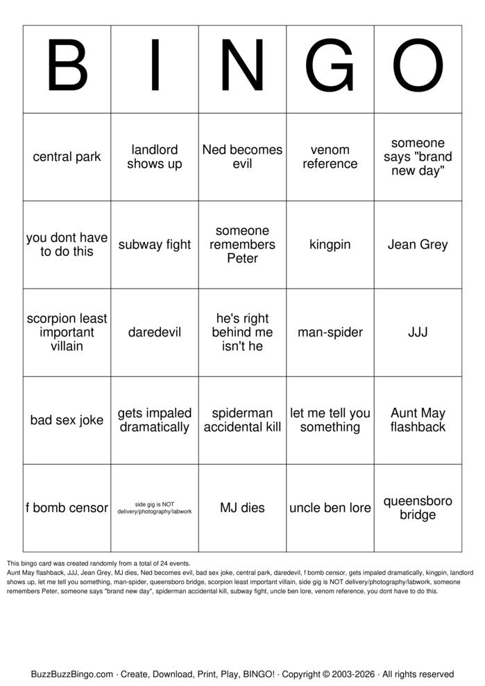 Download Free spidermn bnd Bingo Cards Download Free spidermn bnd Bingo Cards