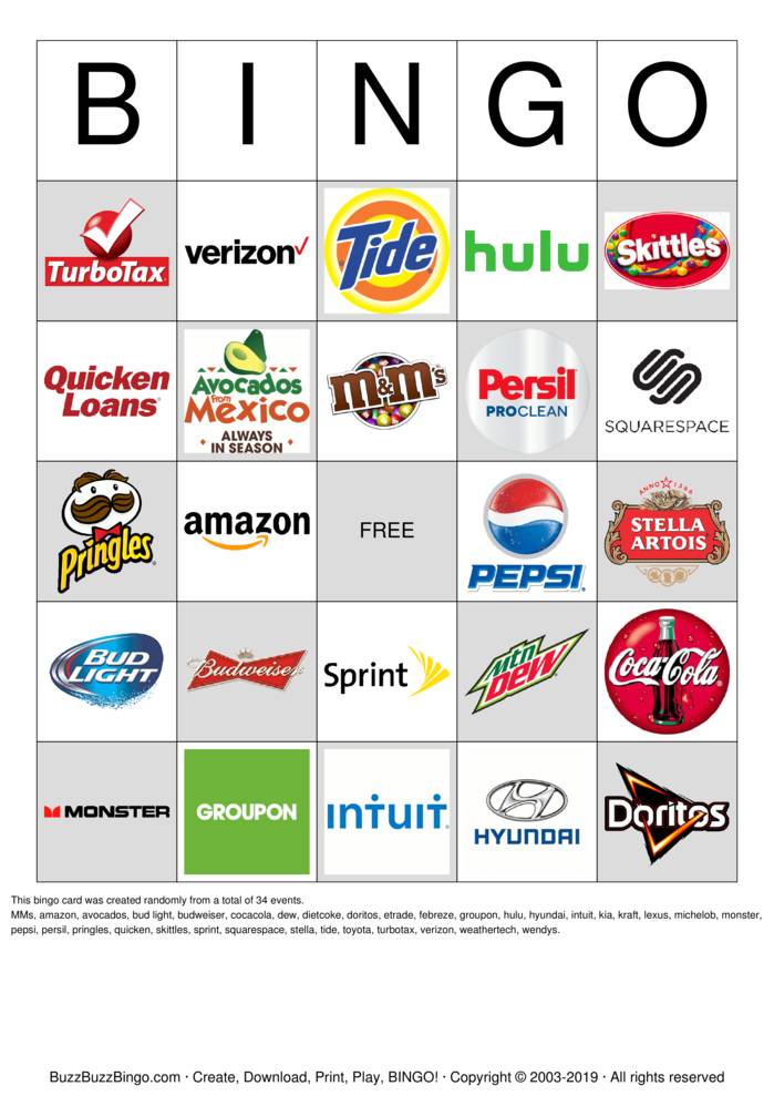 2019 Superbowl Commercial Logos Bingo Cards to Download, Print and ...