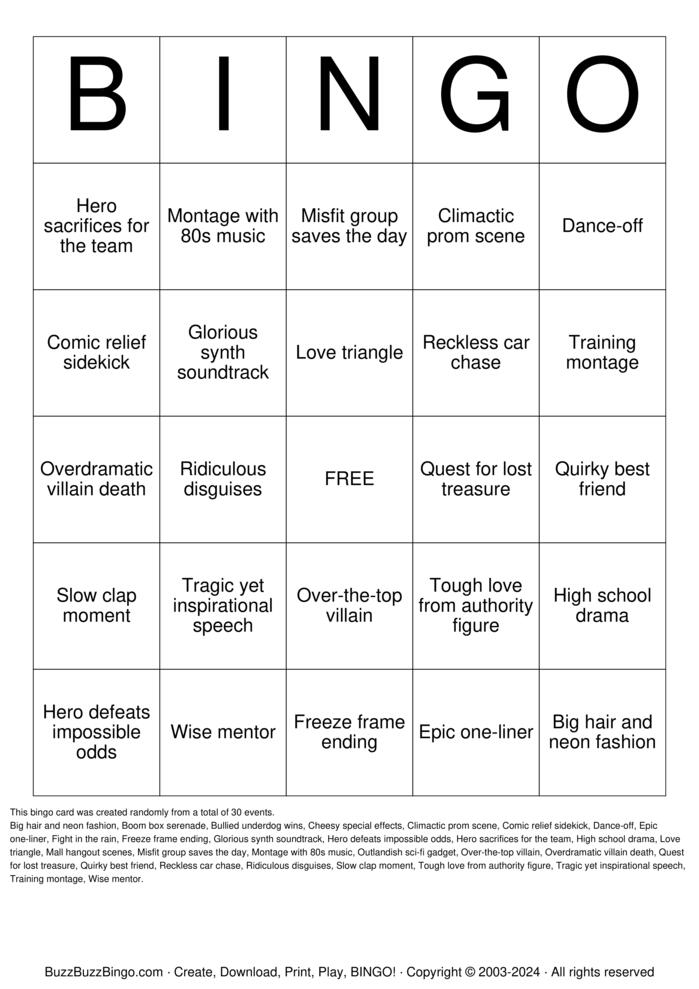 Download Free 80s Movie Tropes Bingo Cards