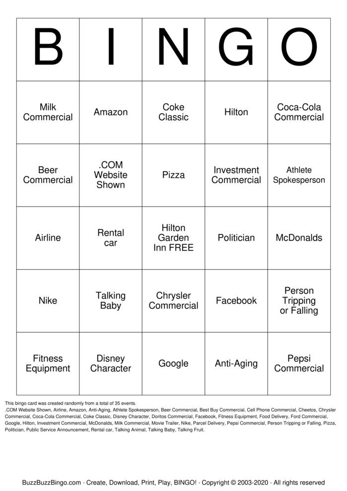 Download Free Commercials Ads Bingo Cards