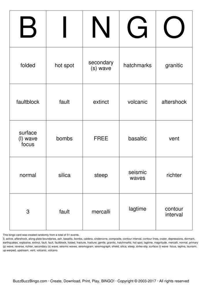 Download Free Earthquakes and Volcanoes Bingo Cards