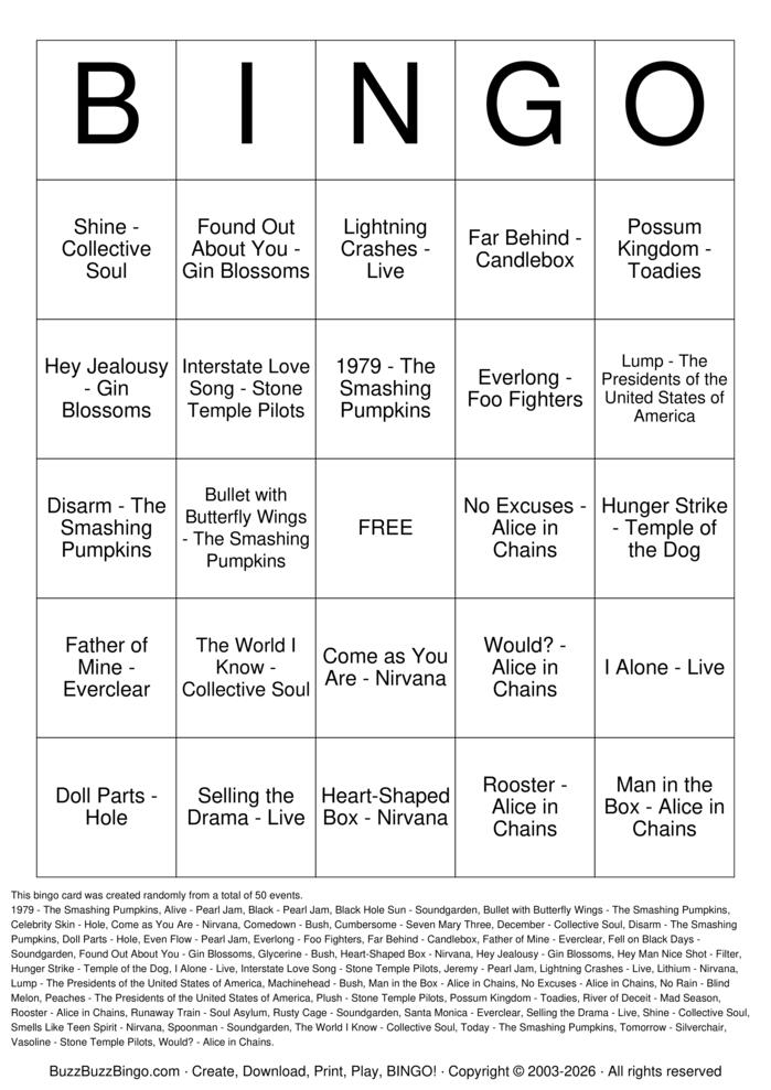 Download Free Grunge Era Top 50 Bingo Cards Download Free Grunge Era Top 50 Bingo Cards