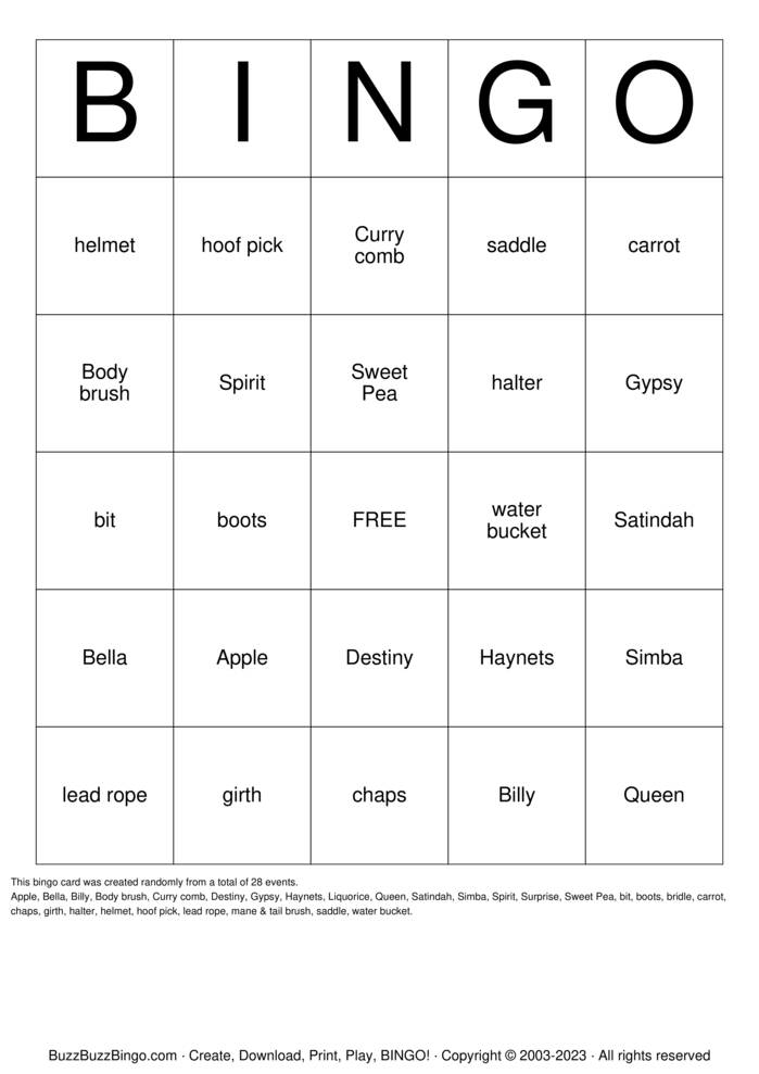 HORSE Bingo Cards to Download, Print and Customize!