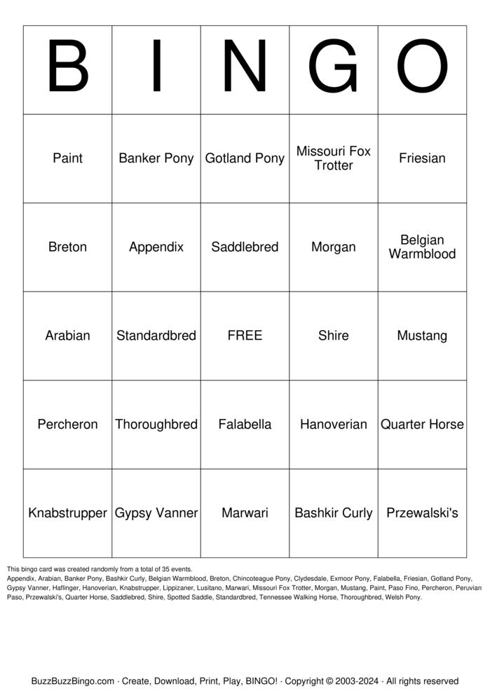 HORSE Bingo Cards to Download, Print and Customize!