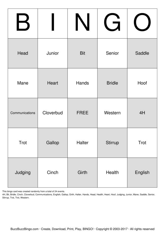 Download Free HORSE Bingo Cards