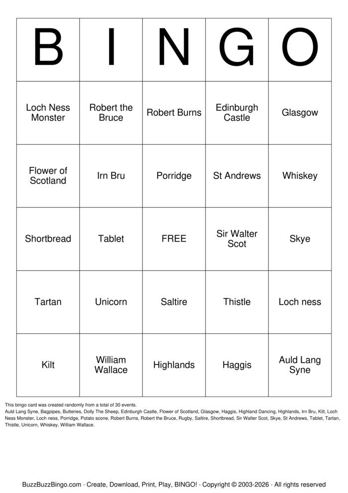 Download Free Highland dance Bingo Cards