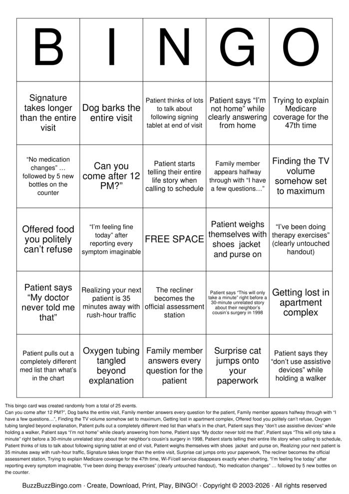 Download Free Home Health Bingo Cards