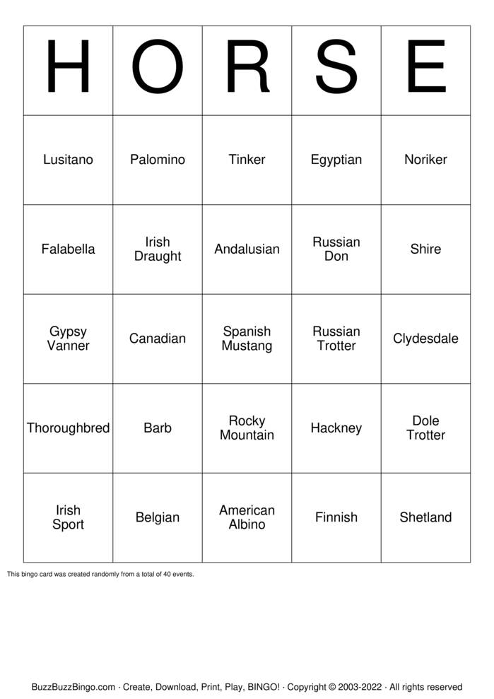 Horse Bingo Cards to Download, Print and Customize!