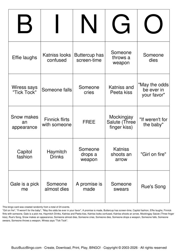 Download Free Hunger Games Bingo Cards Download Free Hunger Games Bingo Cards