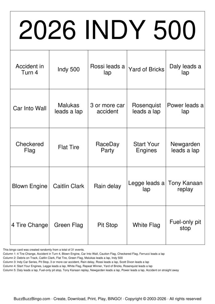 Download Free Indy 500 Bingo Cards
