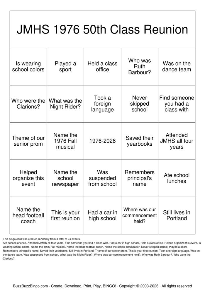 Download Free JMHS 1976 50th Class Reunion Bingo Cards Download Free JMHS 1976 50th Class Reunion Bingo Cards