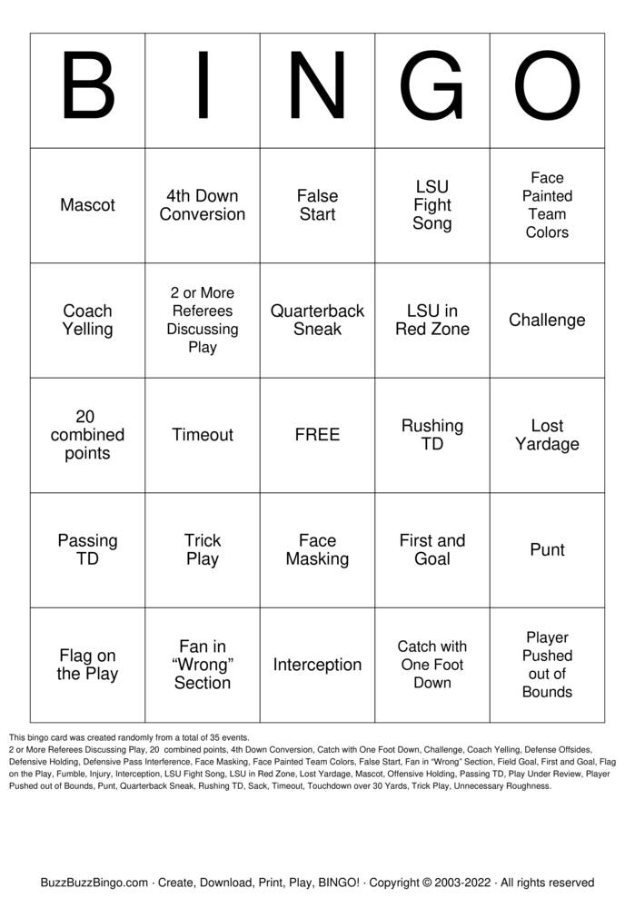 Download Free LSU vs. Texas A&M Bingo Cards
