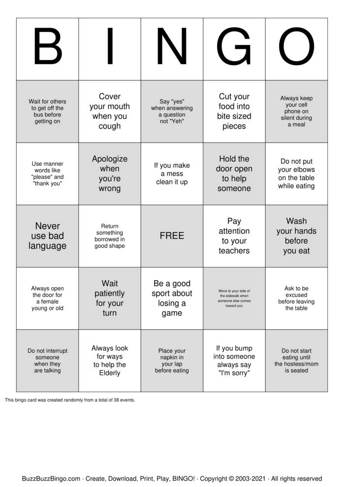 Manners Bingo Cards to Download, Print and Customize!
